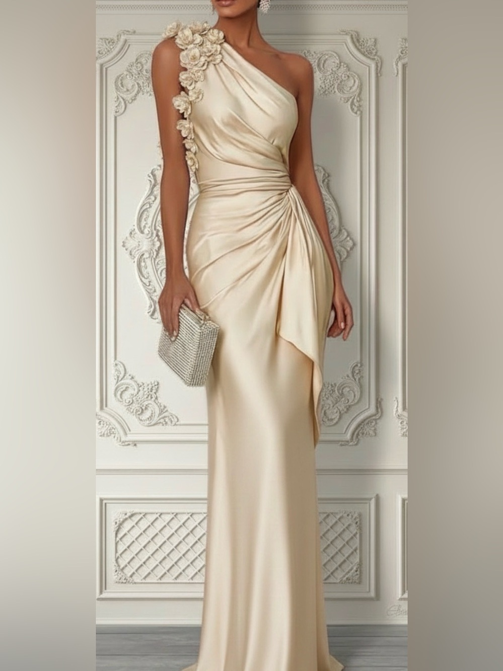 One-Shoulder Champagne Satin Evening Gown with Floral Accent #396 - Picture 6 of 13